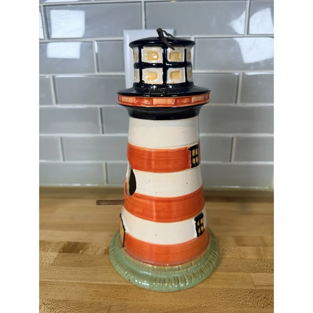 Nautical Lighthouse Ceramic Birdhouse Orange White Striped Coastal Garden Decor